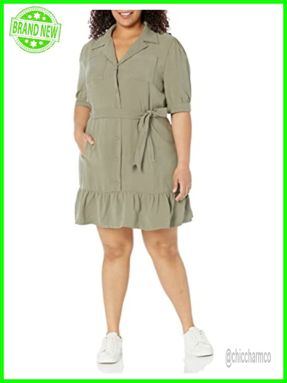 Mayslie A-Line Dress Button Down Puff Sleeve Self Belt Casual